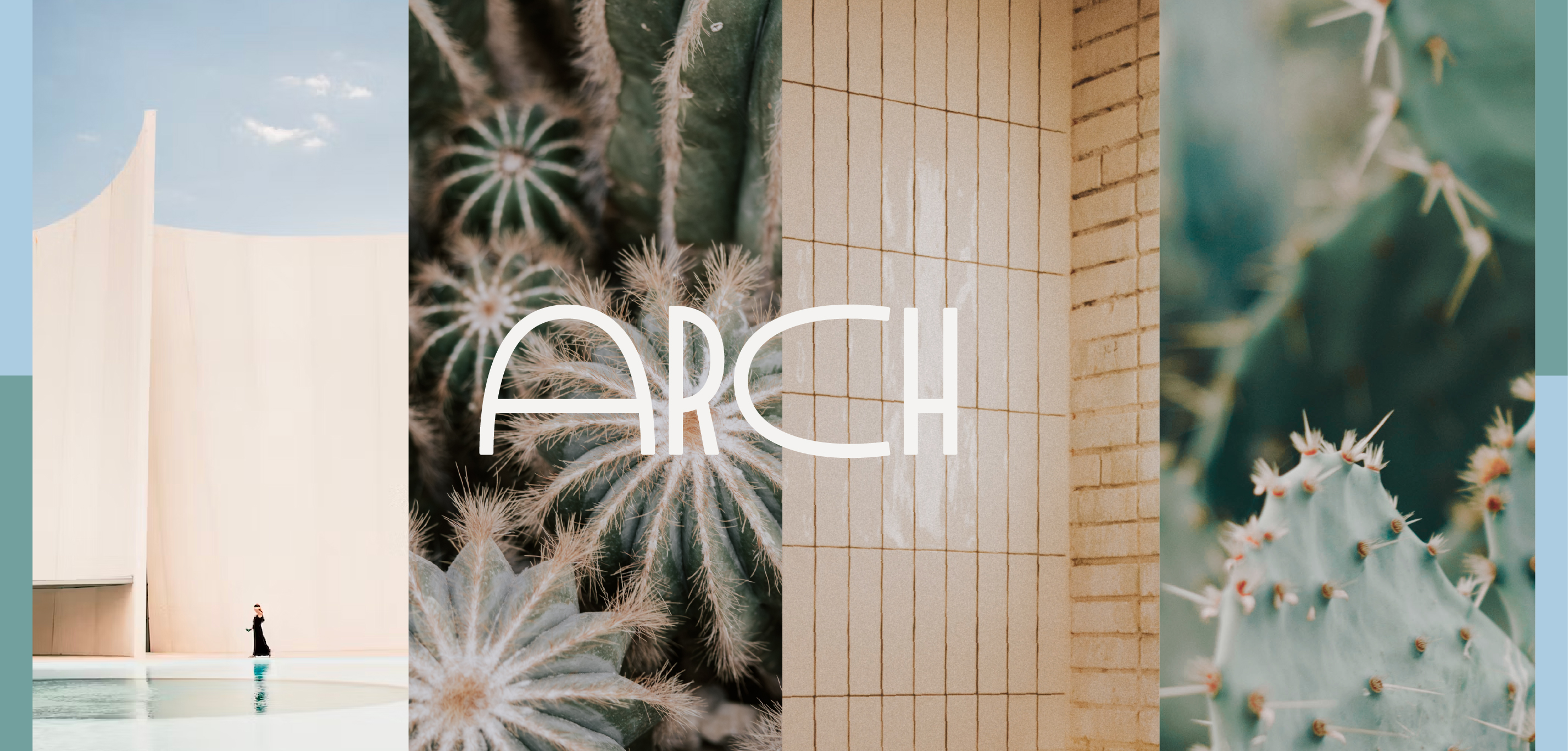 Arch logo overlaid on architectural photography collage with cacti and modern building textures