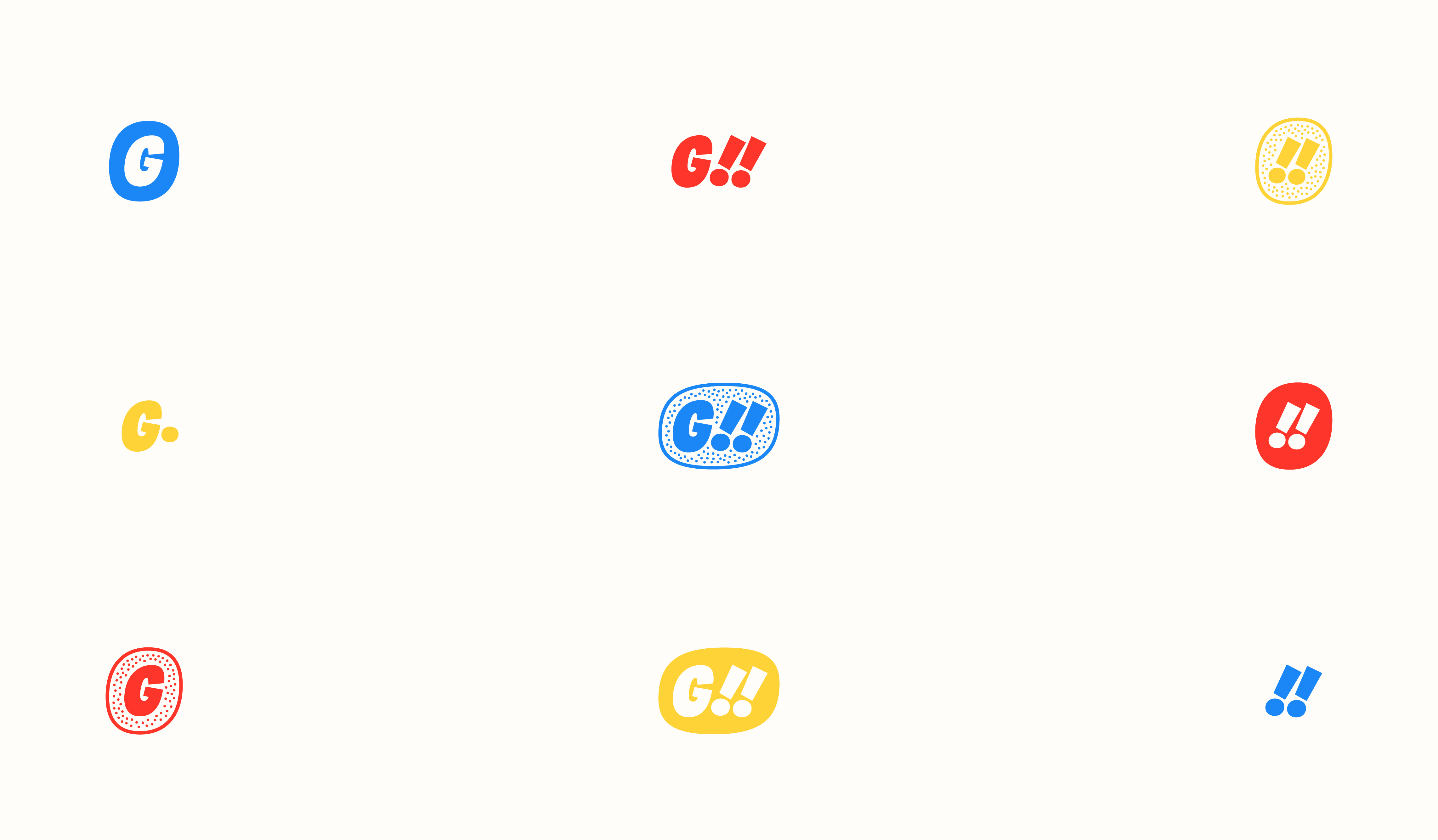 GYSHIDO logo system variations showing G monogram, G!! badges and double exclamation marks in blue, red and yellow