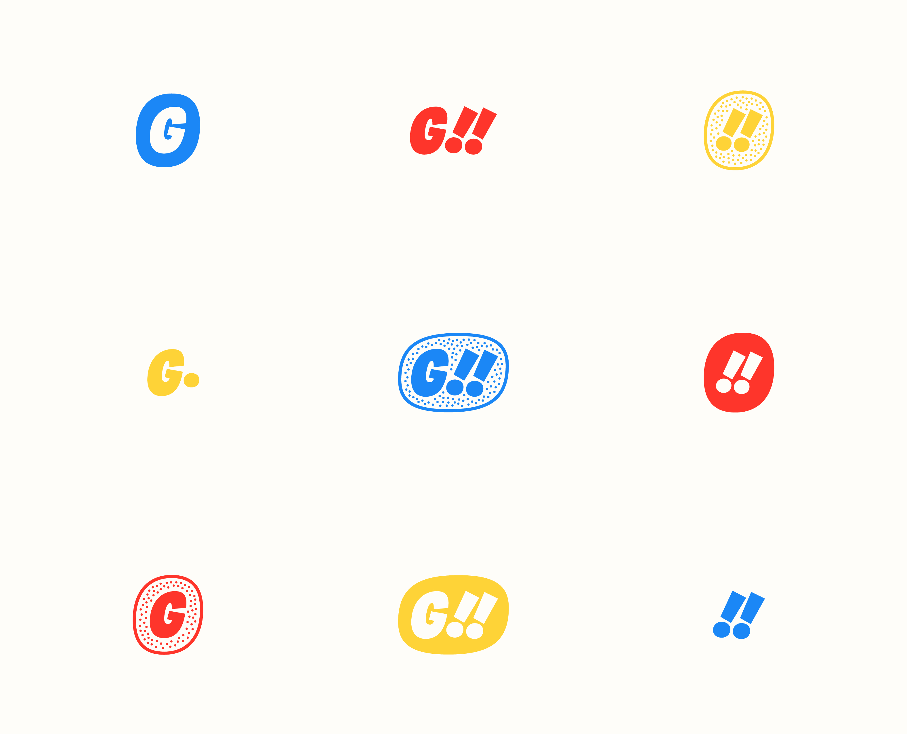 GYSHIDO logo system variations showing G monogram, G!! badges and double exclamation marks in blue, red and yellow