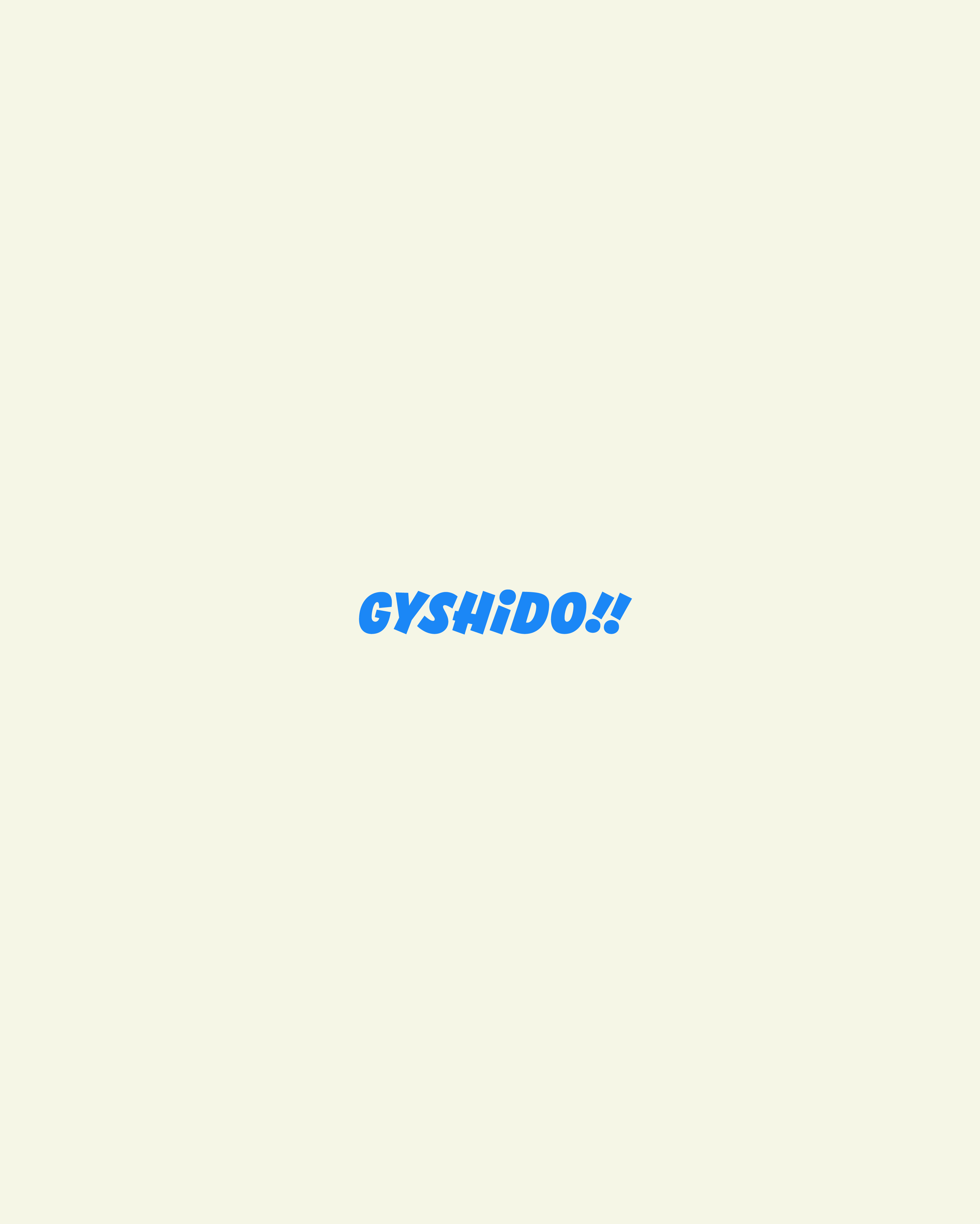 GYSHIDO blue logotype with double exclamation marks on cream background. Logo configuration for small sizes