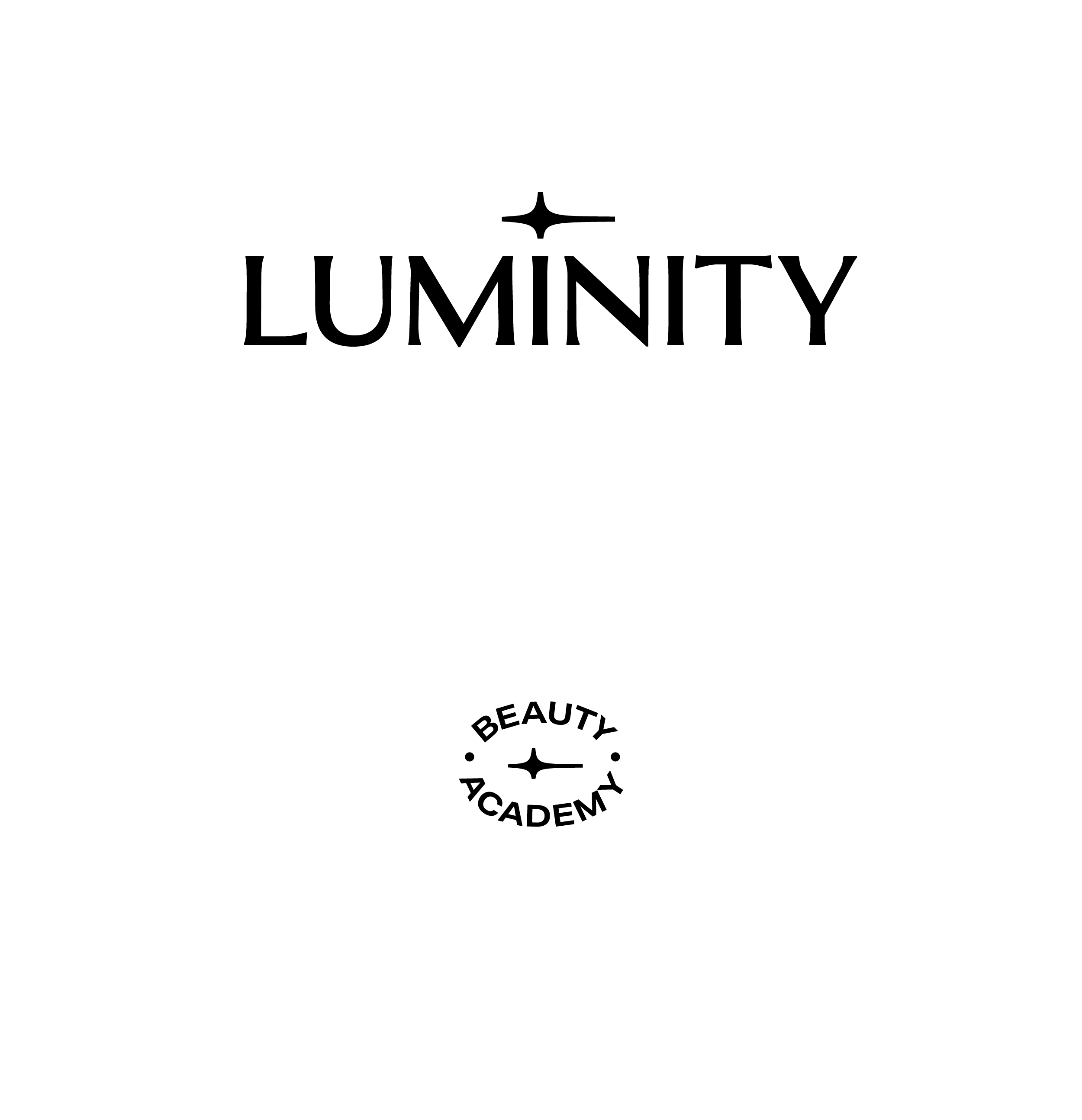 Luminity primary logo with spark favicon and circular Beauty Academy badge
