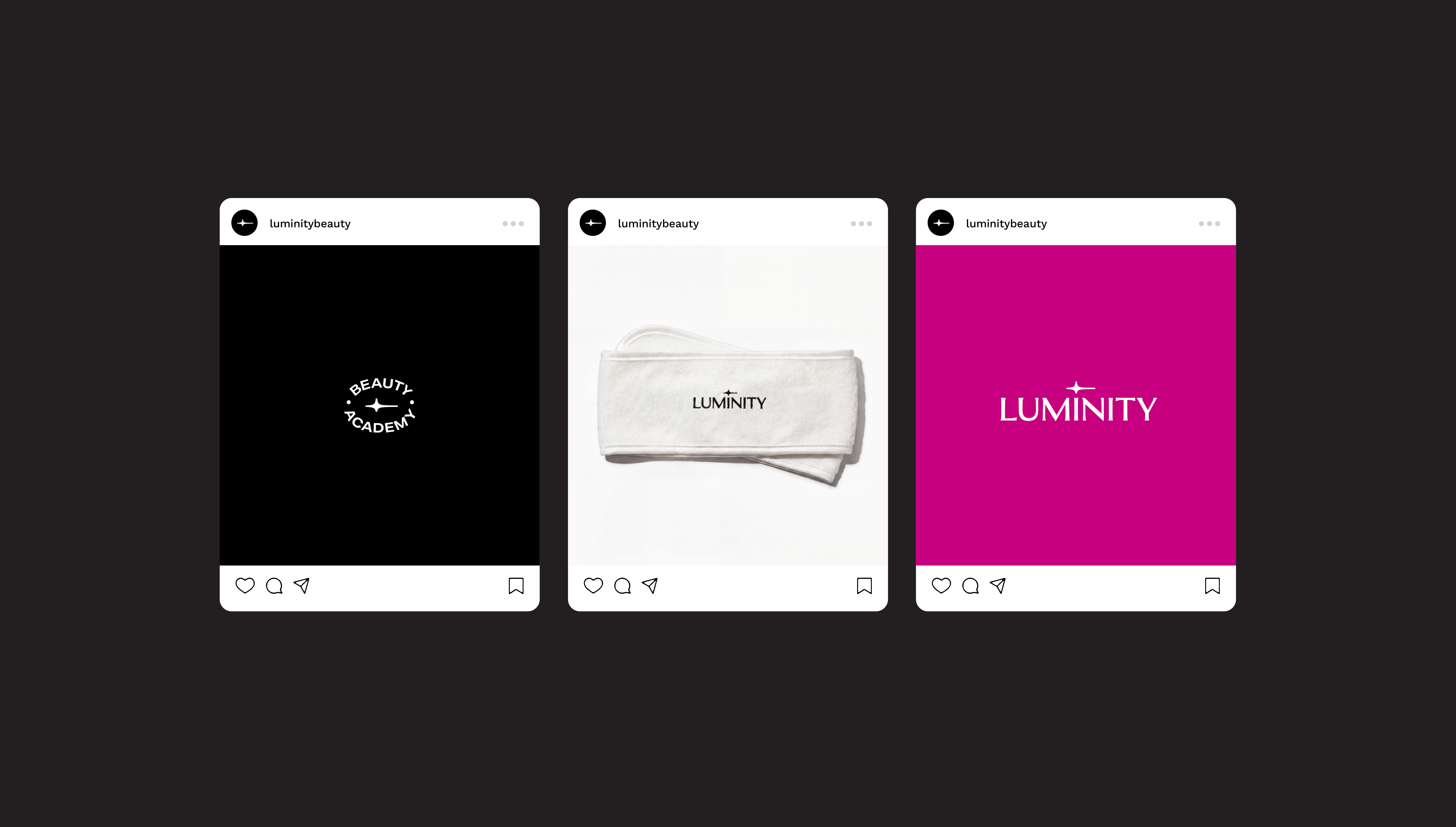 Luminity Instagram posts featuring Beauty Academy badge, branded headband and magenta logo