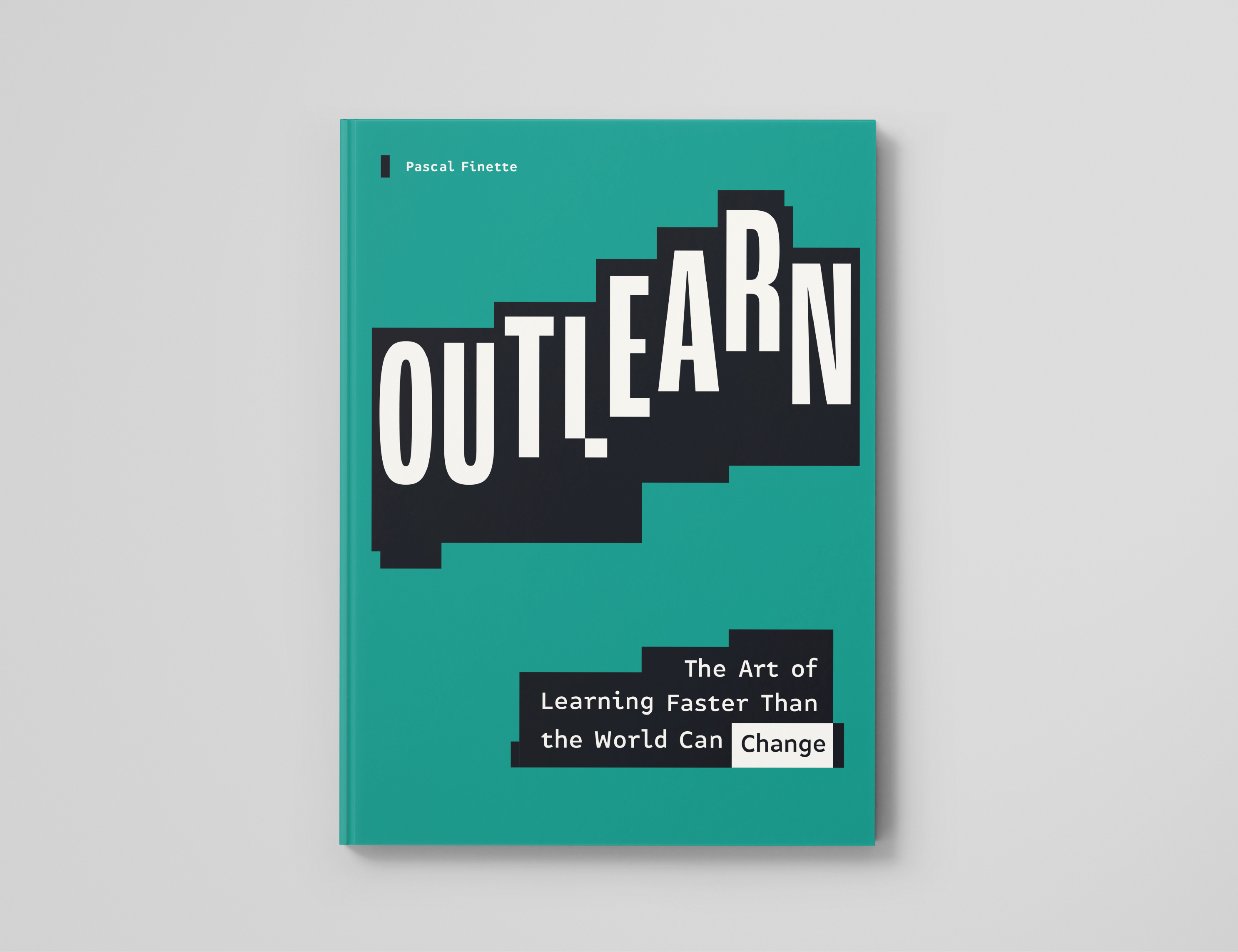 Outlearn book cover design with bold stepped typography on teal background written by Pascal Finette