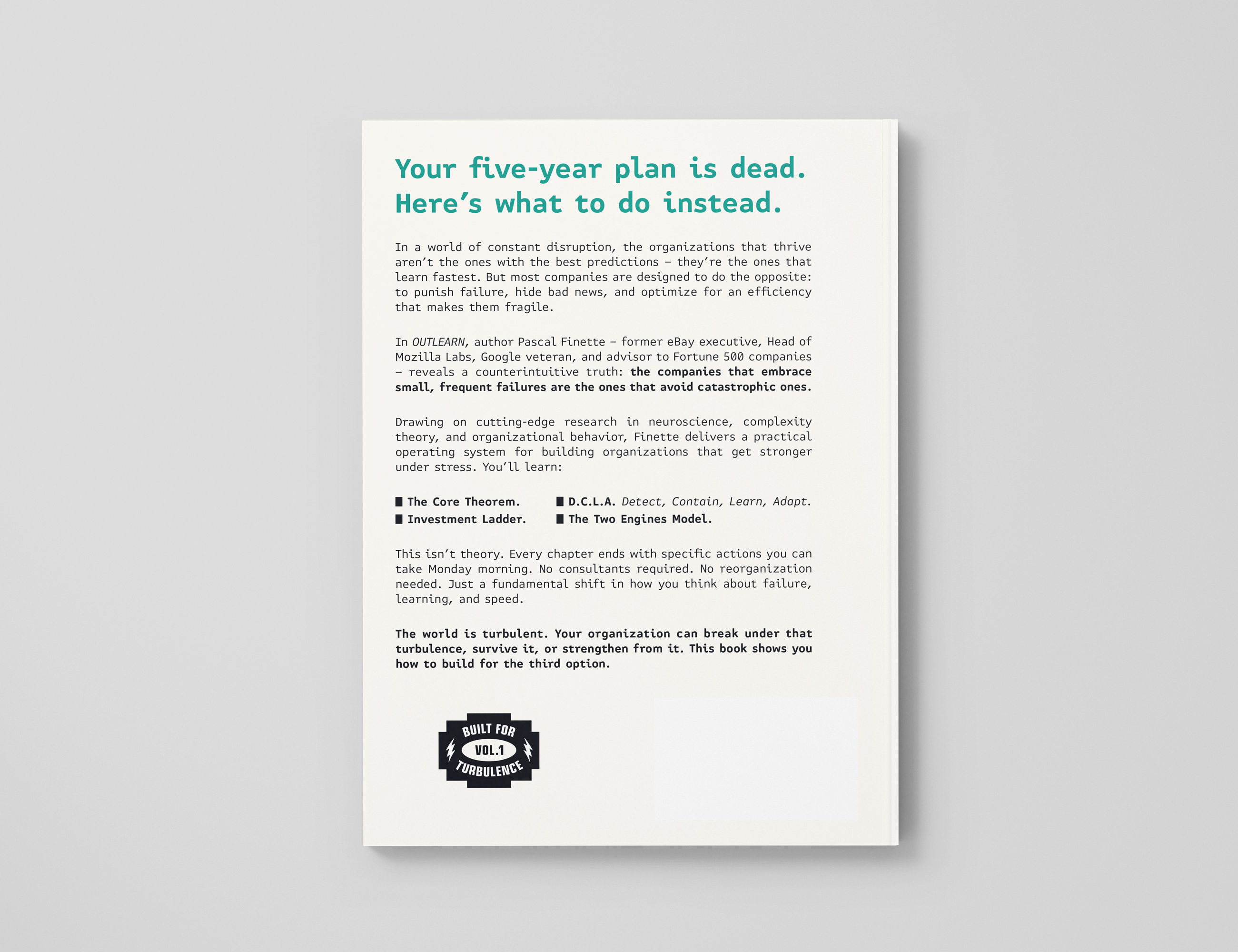 Outlearn book back cover with key messaging, chapter highlights and Built for Turbulence volume 1 badge