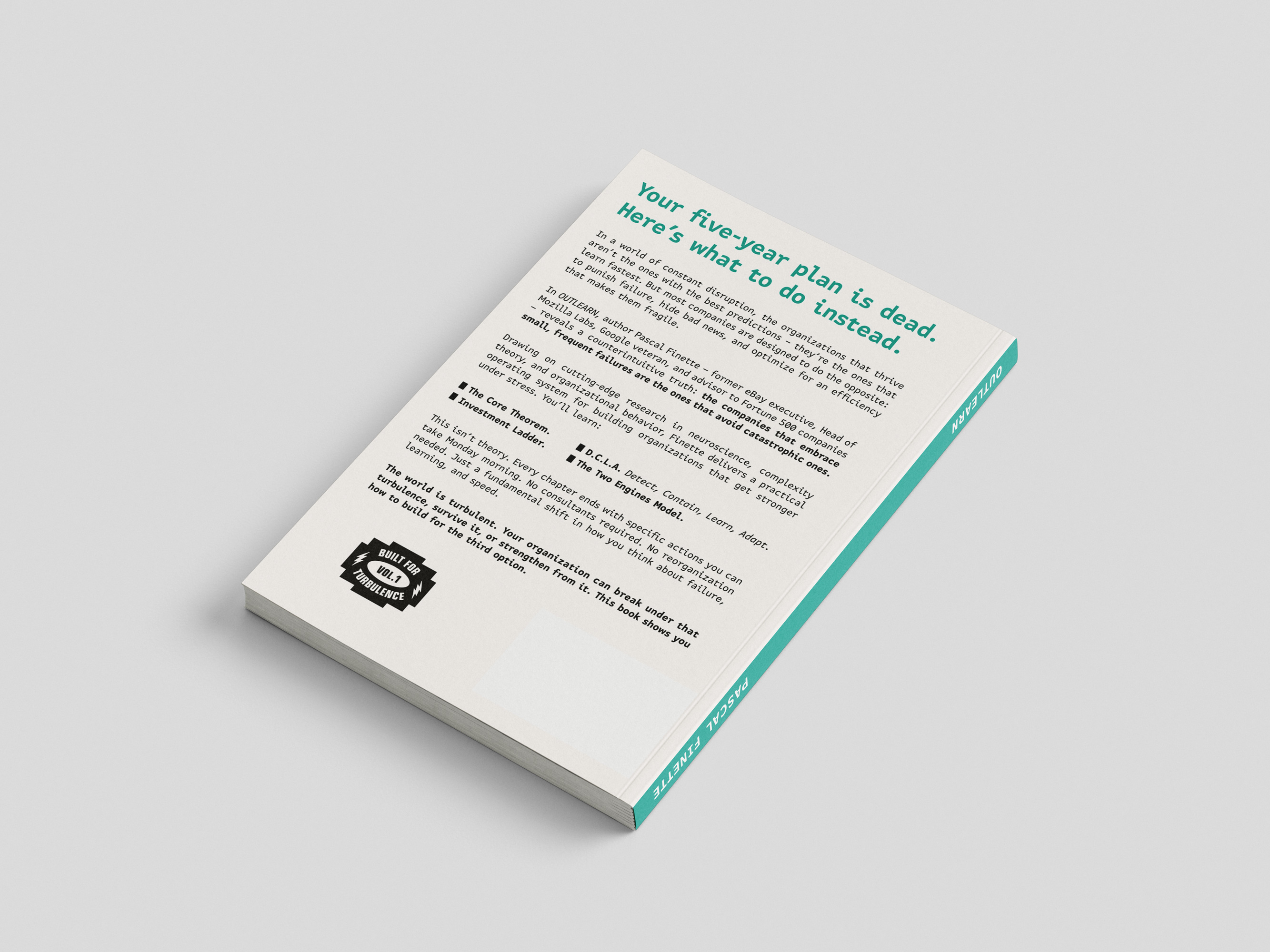 Outlearn book angled view showing back cover text and teal spine with author name Pascal Finette