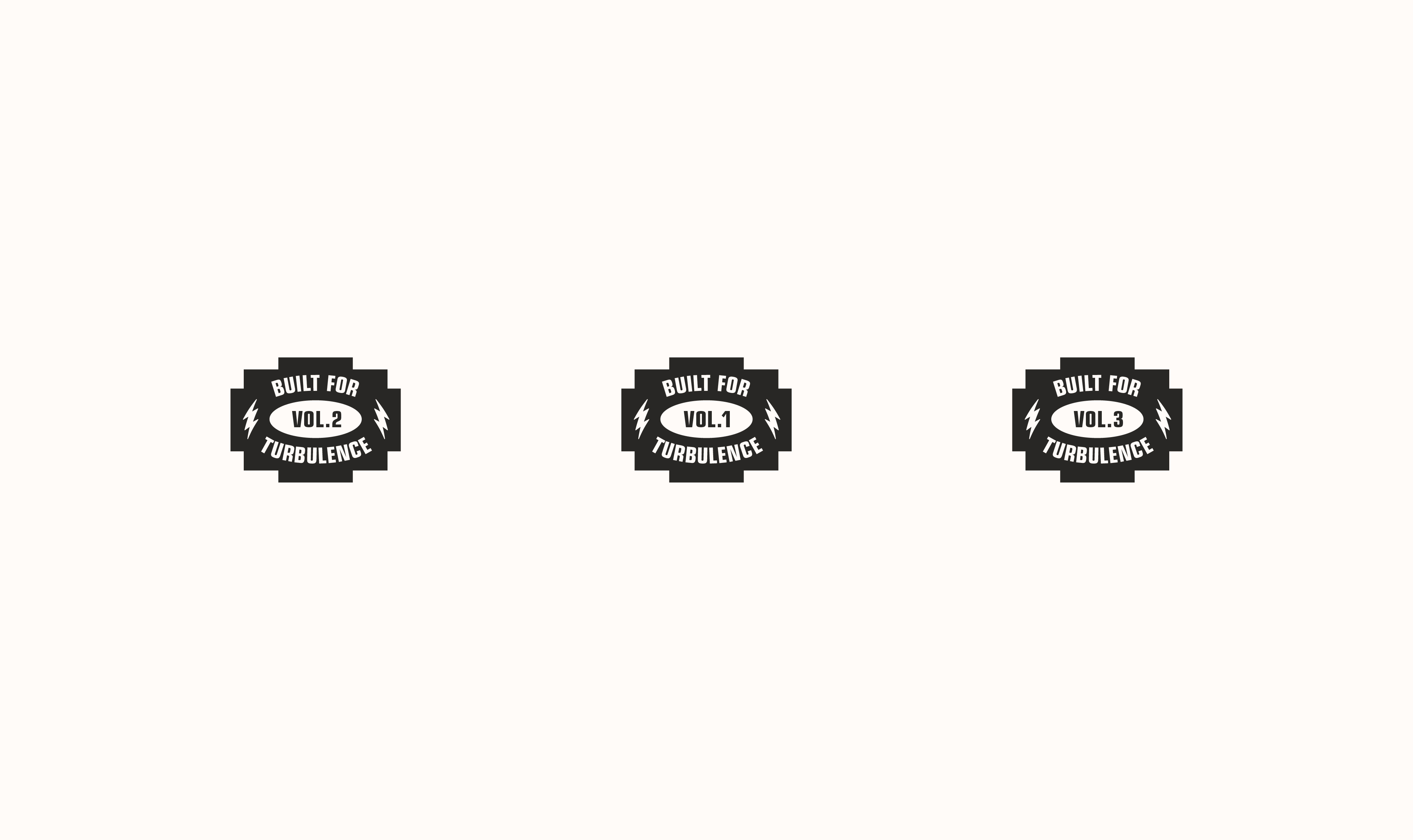 Outlearn Built for Turbulence volume badges for Vol.1, Vol.2 and Vol.3 in black geometric stepped shapes