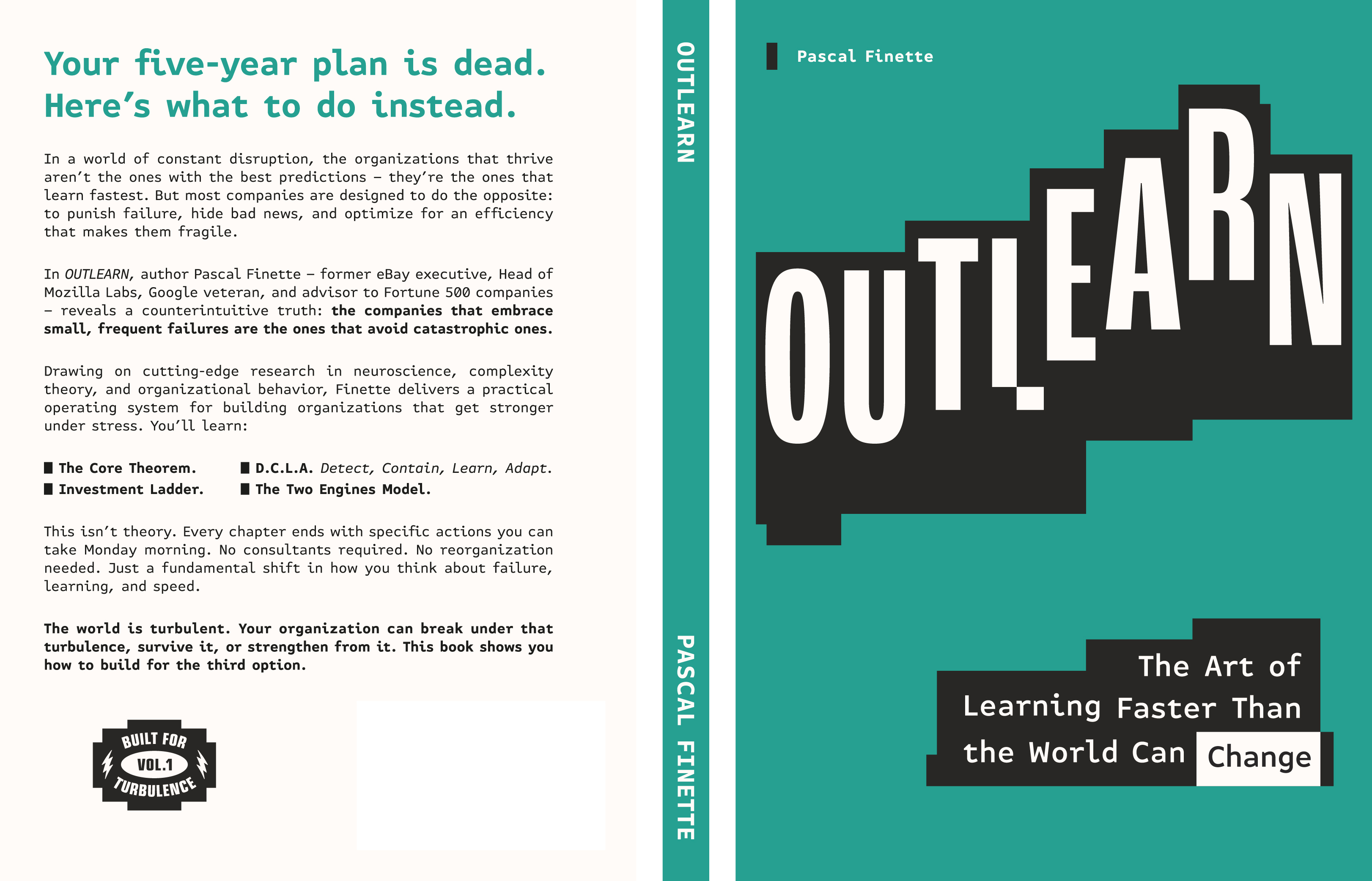 Outlearn full book cover wrap design showing front, spine and back with teal stepped typography and author details