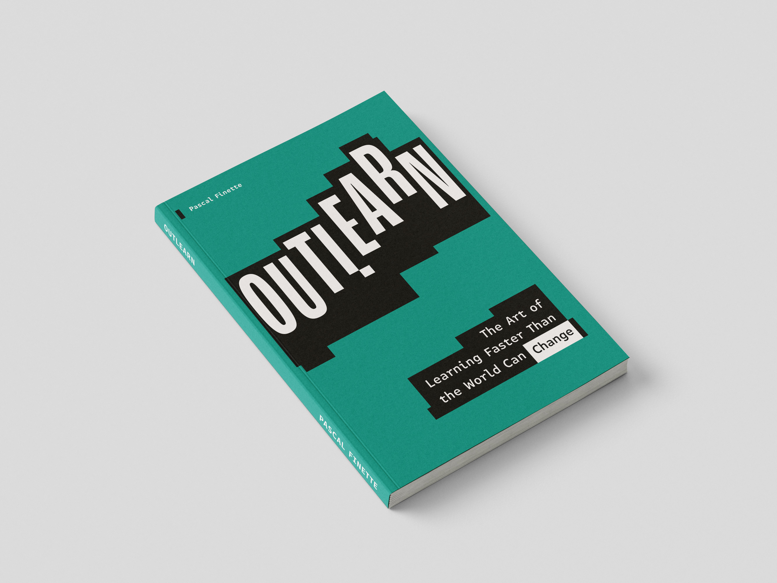 Outlearn soft cover paperback book mockup on gray background featuring bold white title on teal cover