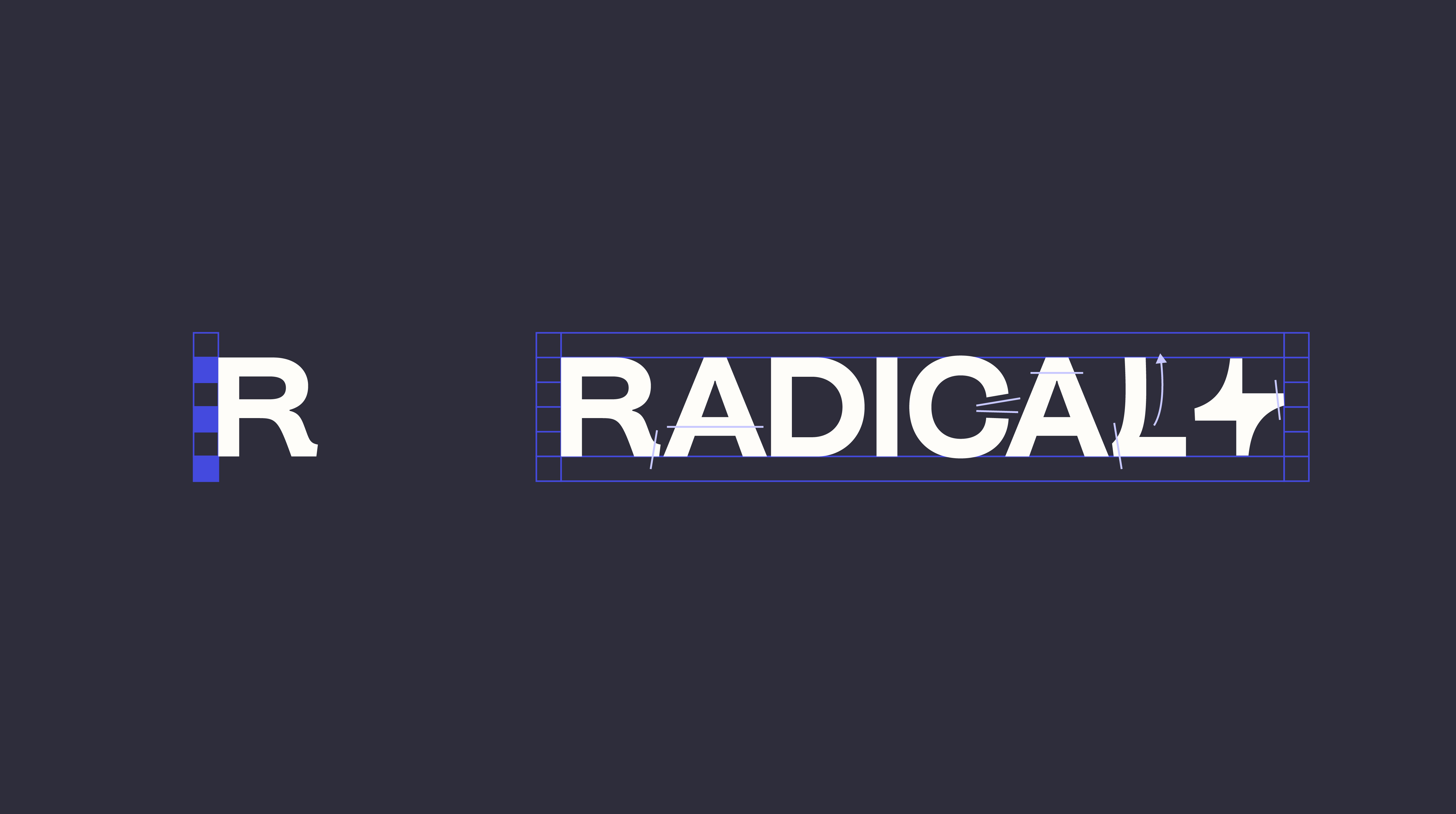 Radical logotype construction grid showing letter spacing and margin guidelines on dark background