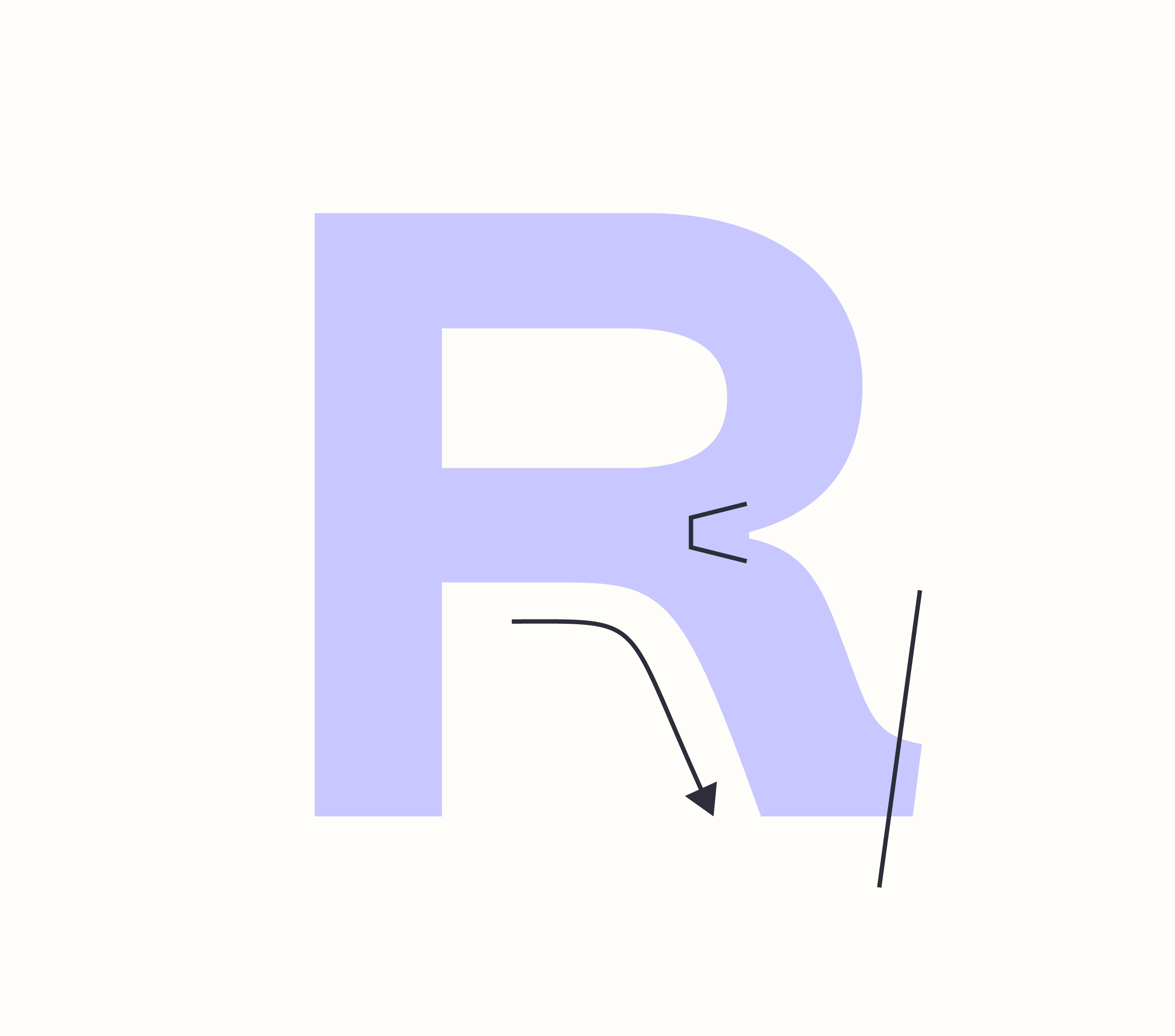 Radical custom R letterform in light purple with the letter's construction guidelines