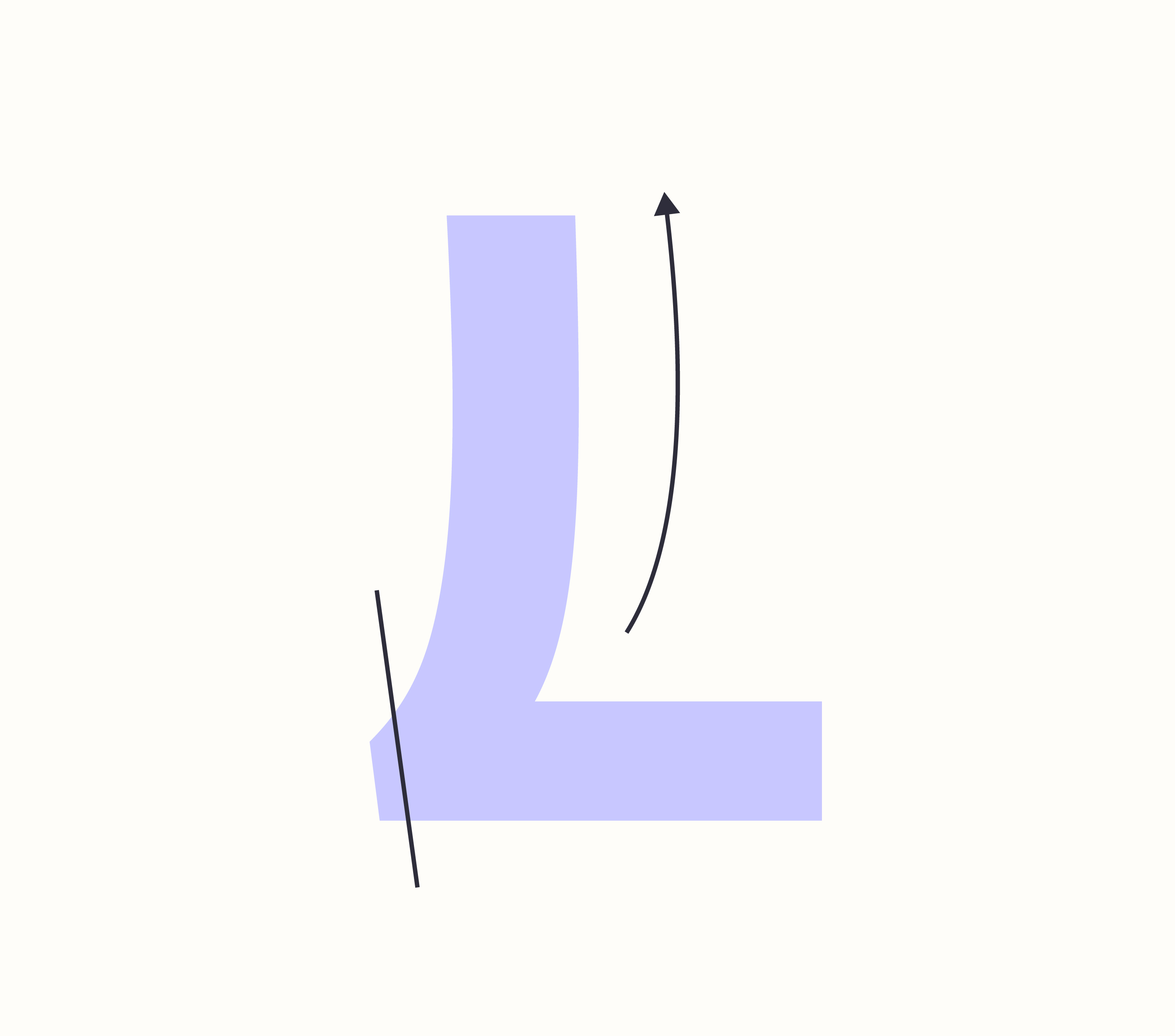 Radical custom L letterform in light purple with the letter's construction guidelines