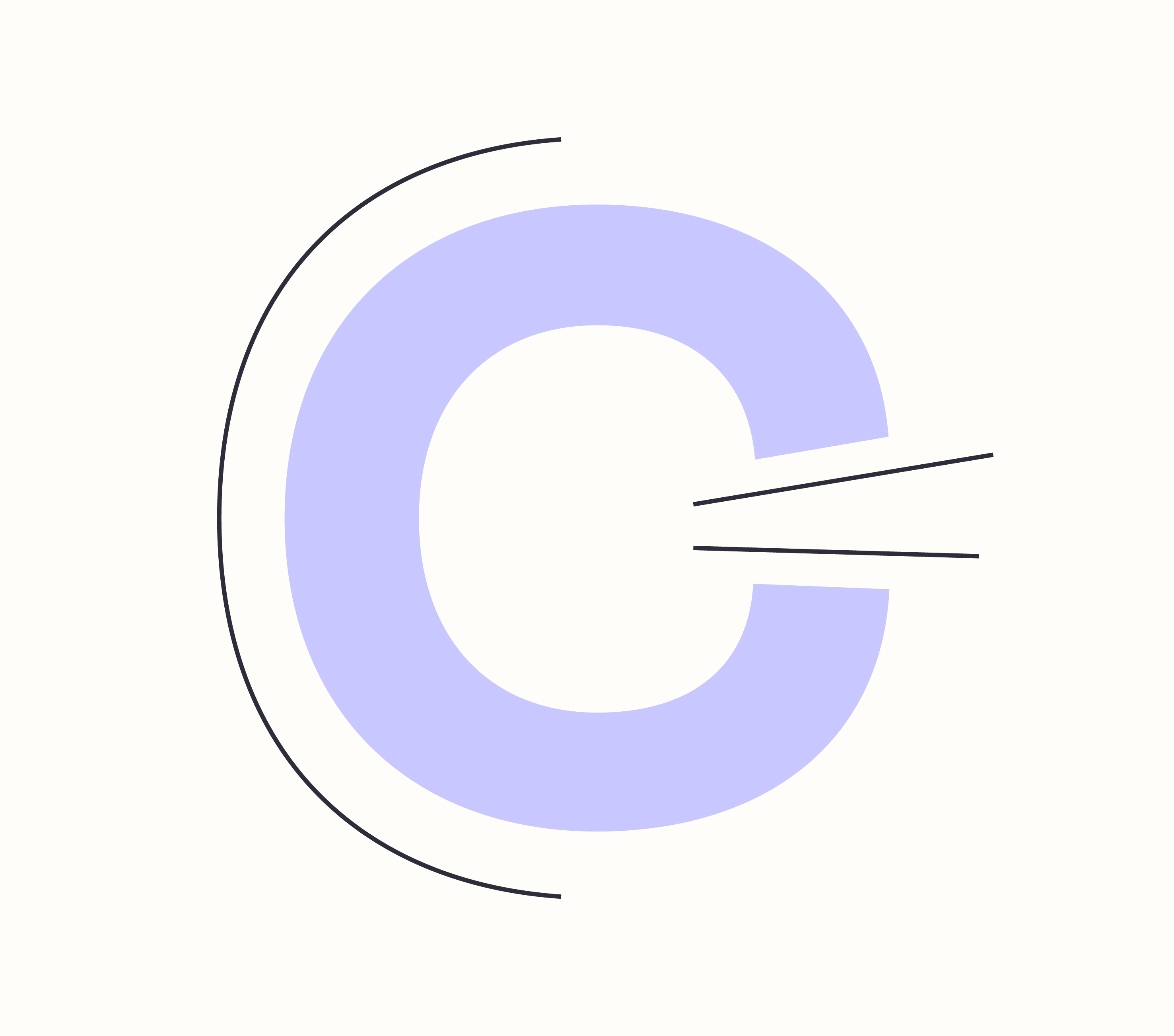 Radical custom C letterform in light purple with the letter's construction guidelines