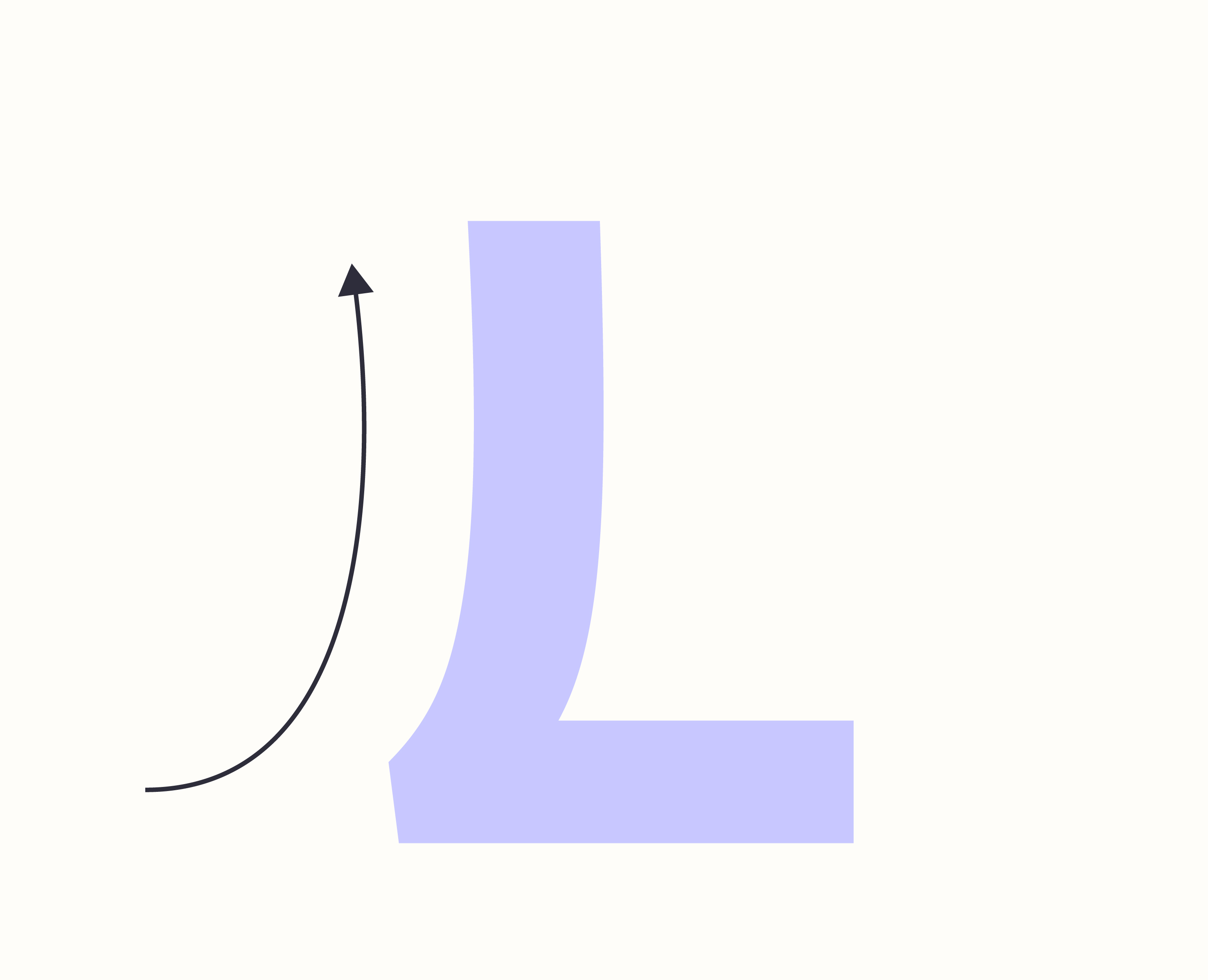 Radical custom L letterform detail with curved upward stem construction indication