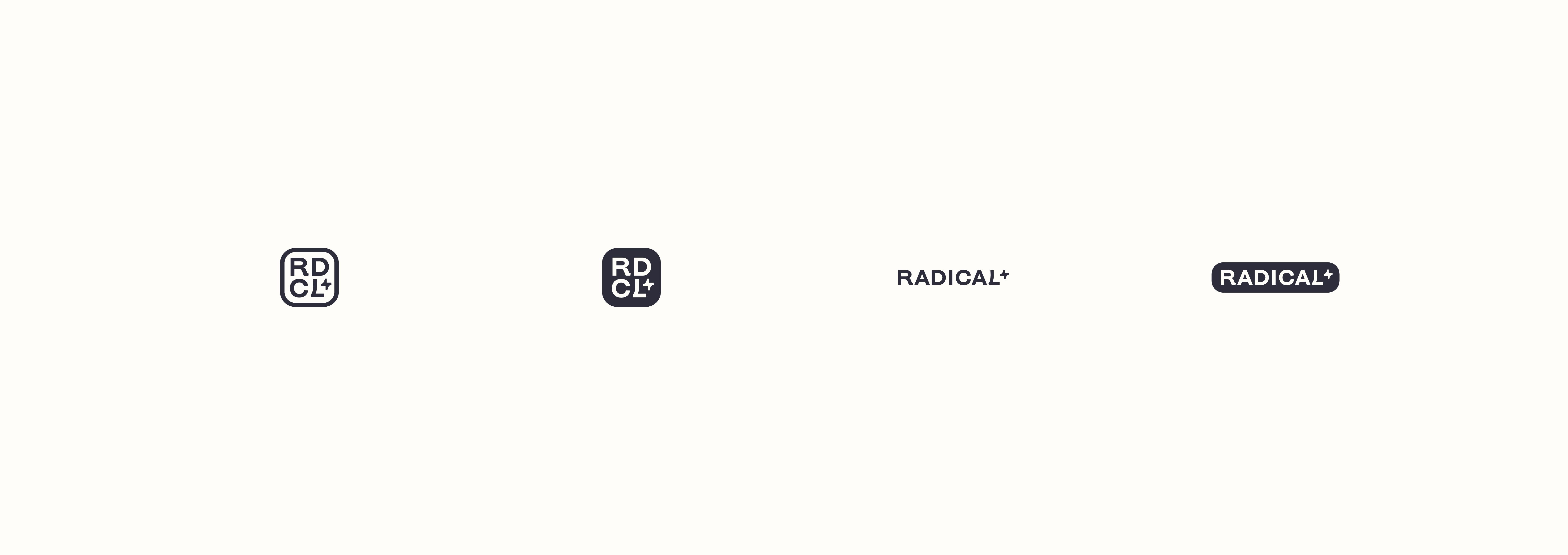 Radical logo system variations including RDCL and RADICAL wordmark badges