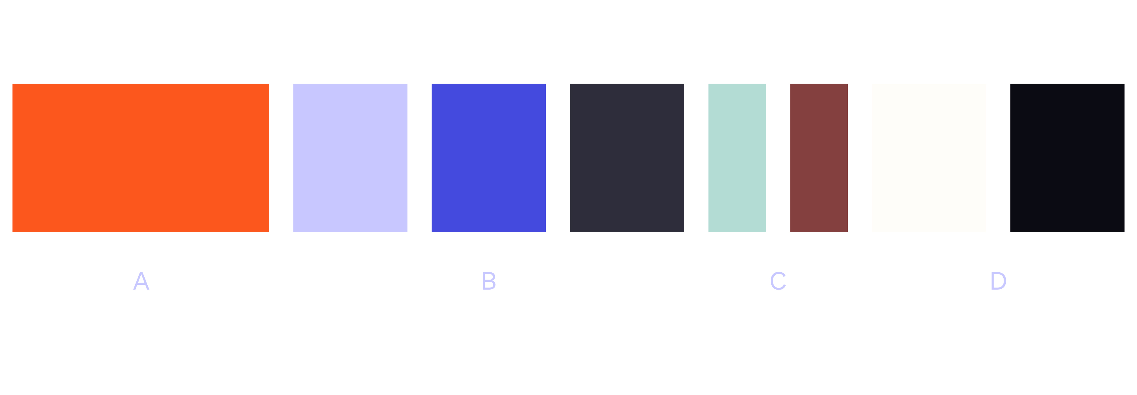Radical brand color palette with redish orange, light purple, electric blue, navy, mint green, burgundy brown, cream white and black swatches
