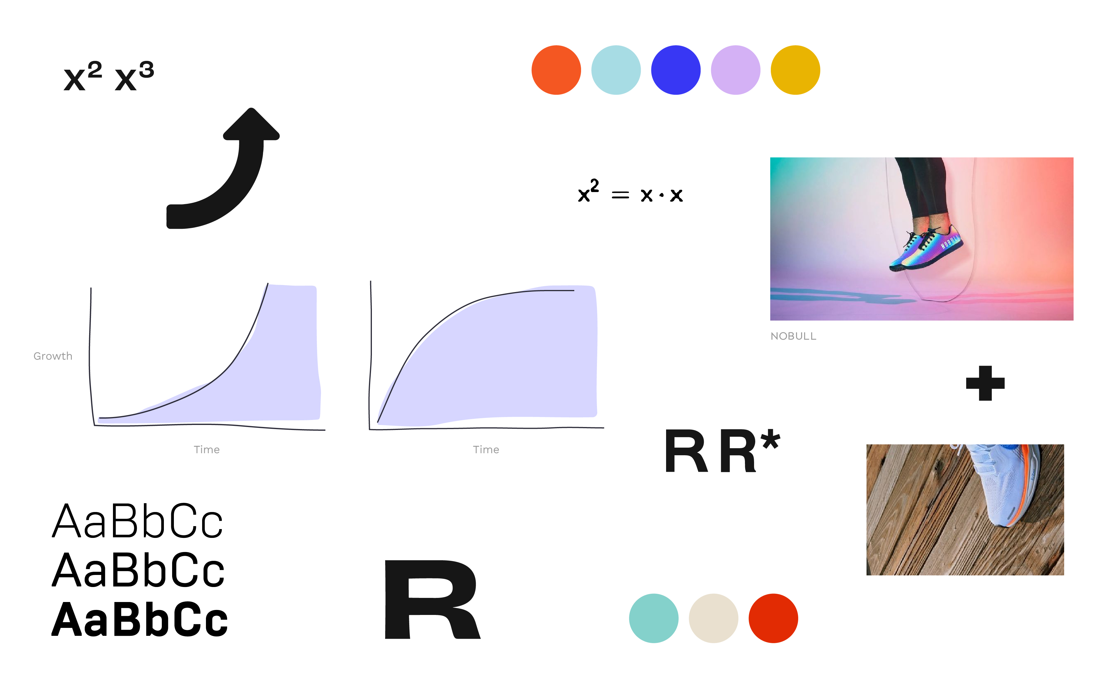 Radical brand moodboard with growth charts, mathematical symbols, type specimens, color palette
