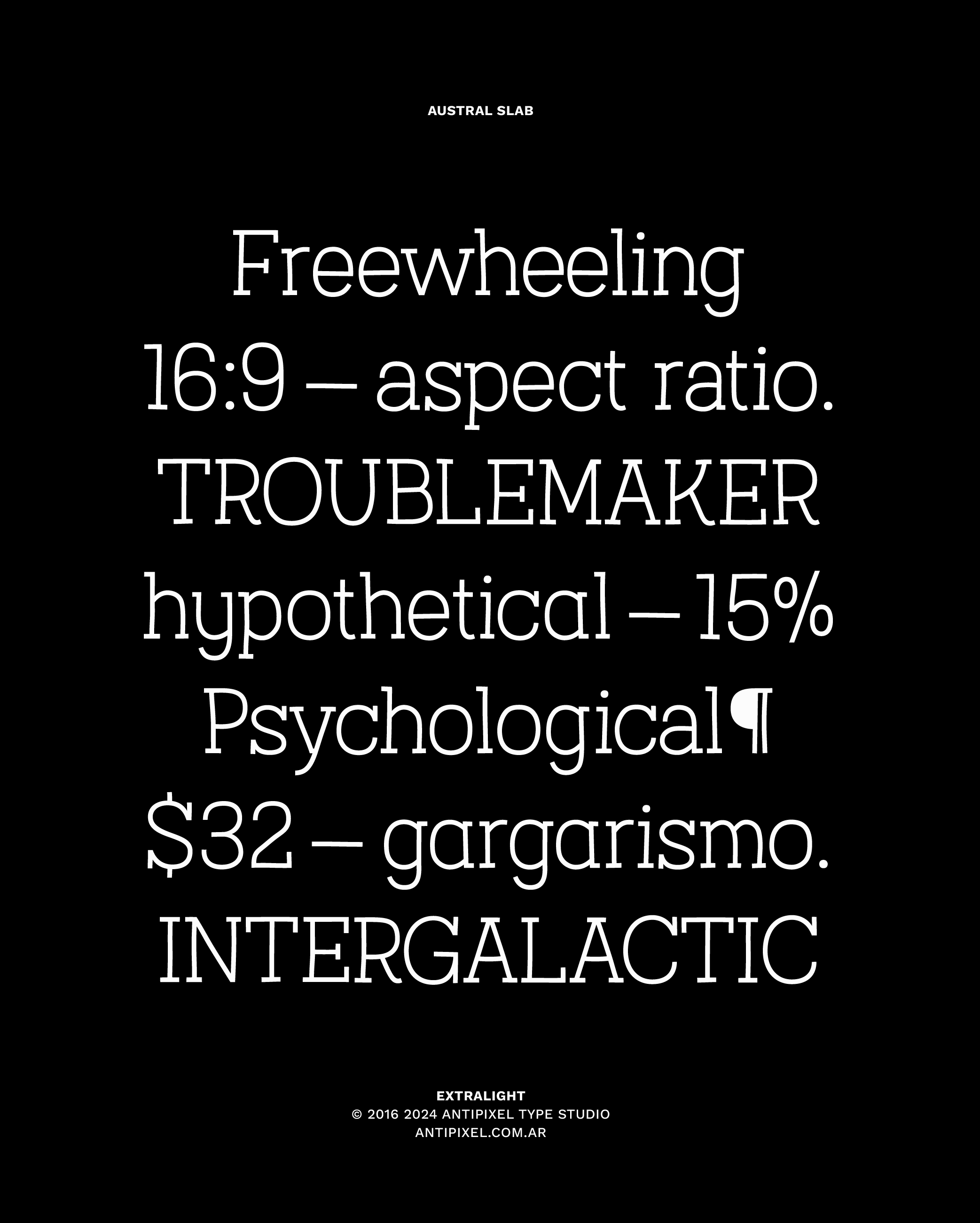 Discover Austral Slab, a display and monolinear slab-serif, perfect for adding an eye-catching touch to your project